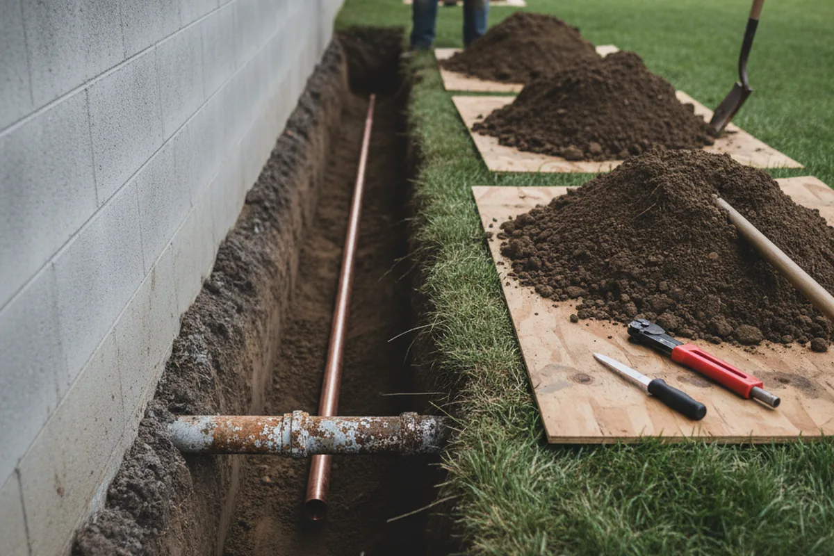 Excavated water line trench during Sewer Line Repair in Hyde Park